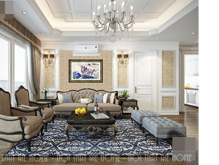 Nội thất cổ điển của phòng khách được phối màu ăn ý